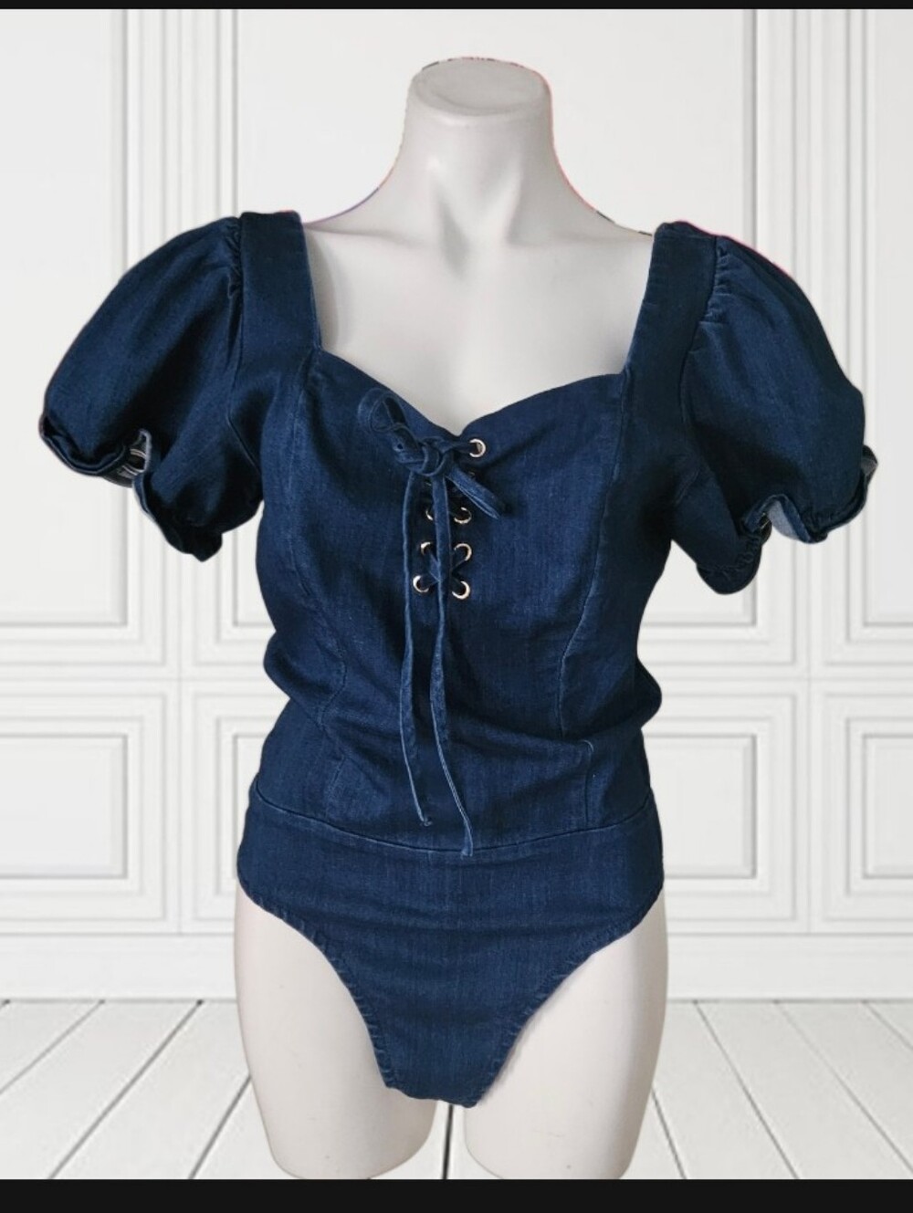 Story On Denim Lace-Up Puff Sleeve Bodysuit - Dark Blue Lace